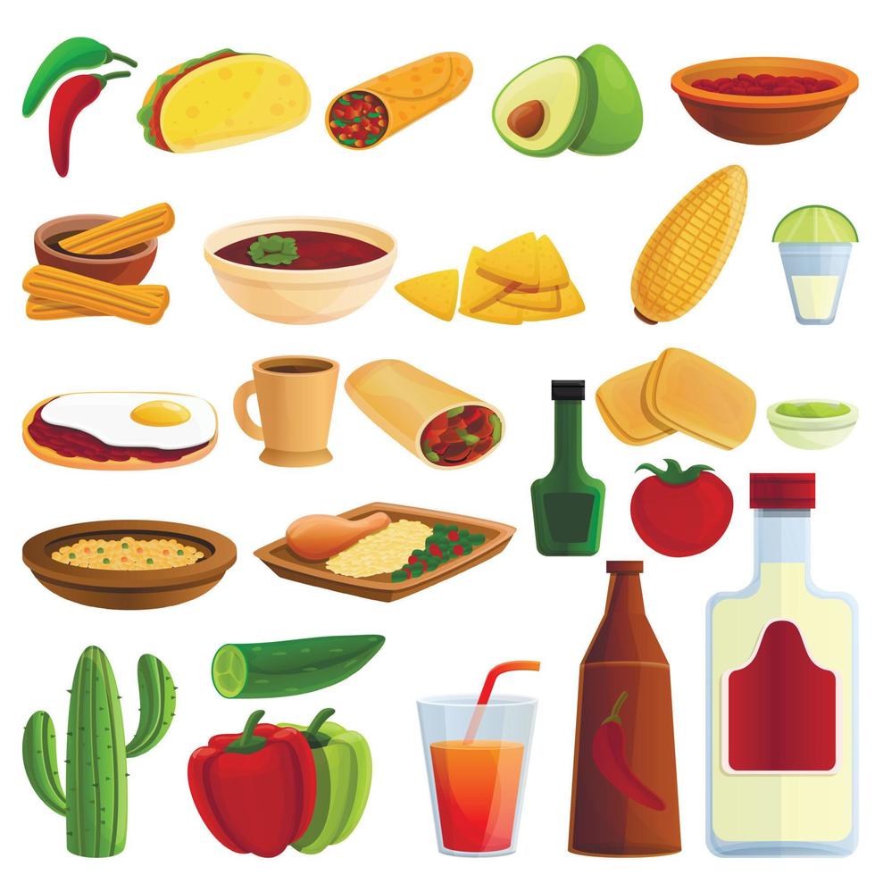 Mexican food icons set, cartoon style vector