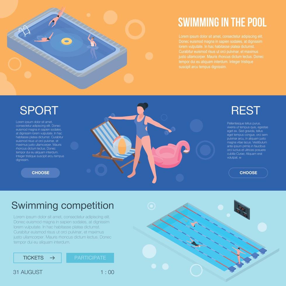 Pool equipment banner set, isometric style vector