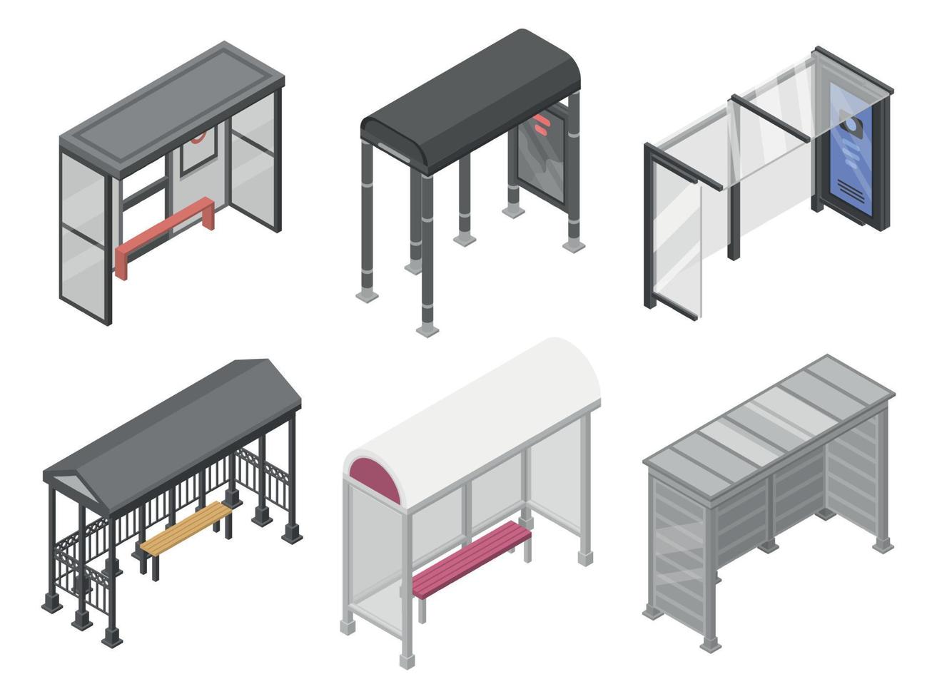 Bus stop icons set, isometric style vector