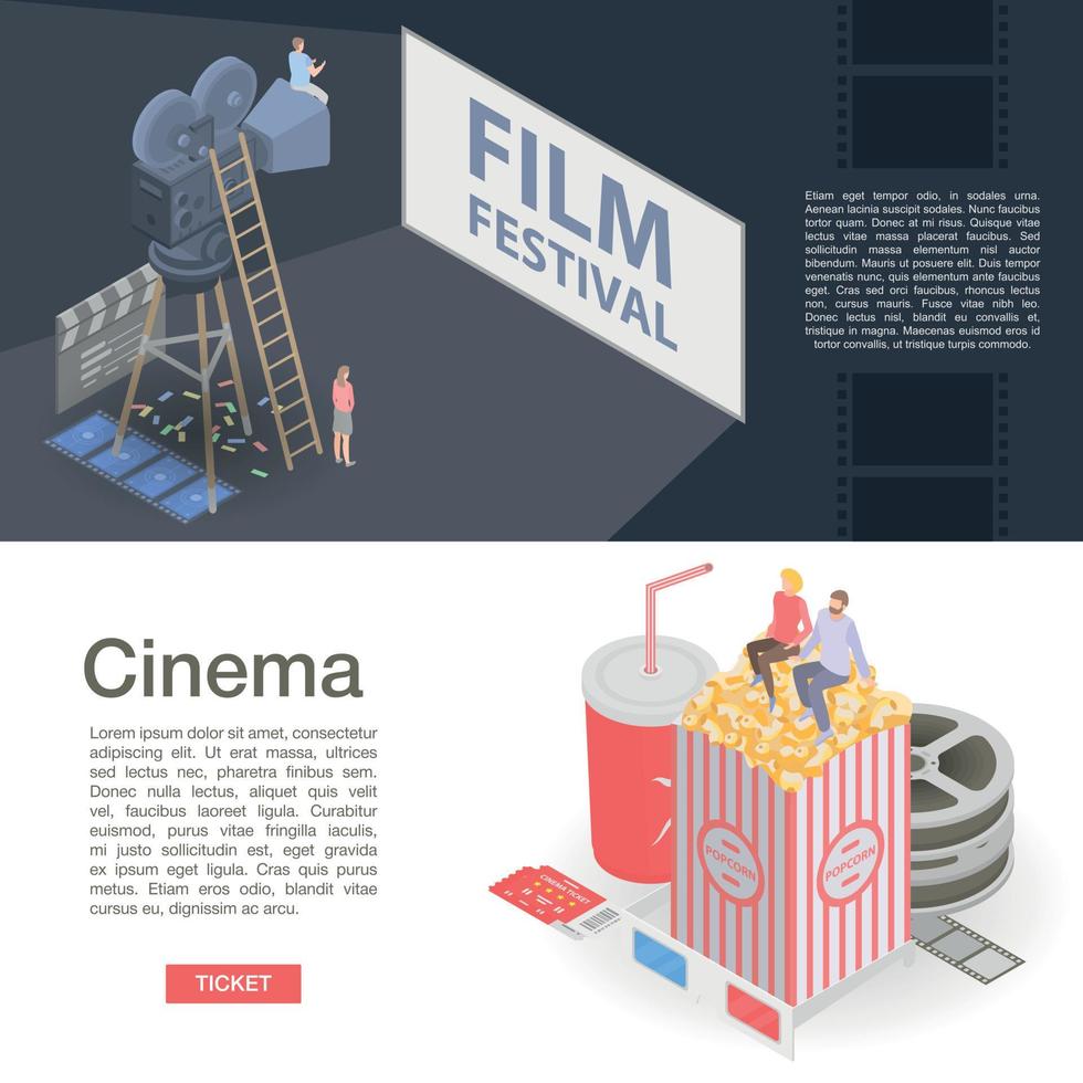 conjunto de banners del festival de cine, estilo isométrico vector