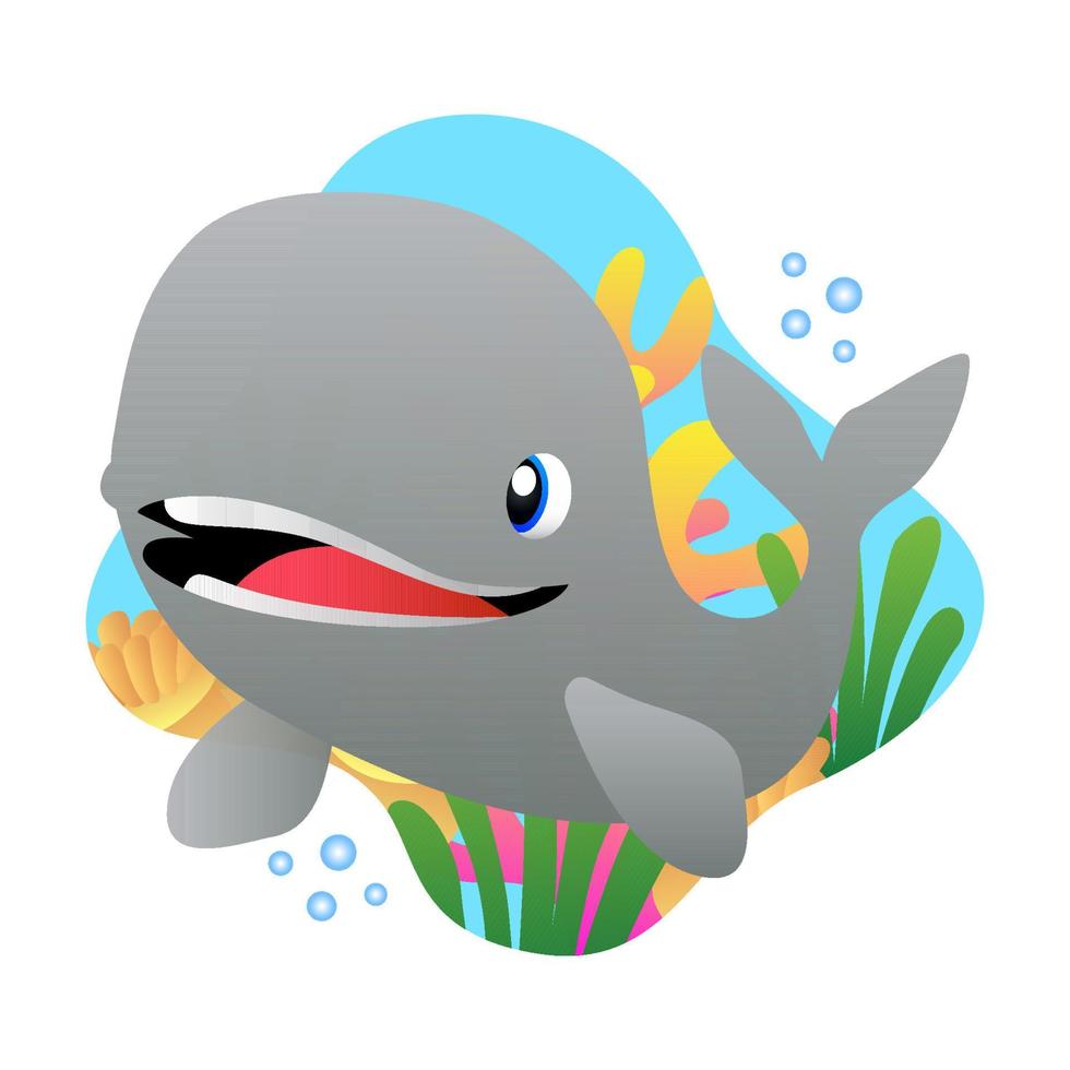 una ballena con una cara graciosa y alegre, con un color gris brillante, con un fondo submarino, coral, buena para ilustraciones de libros de cuentos infantiles, educación, calcomanías, marina y más vector