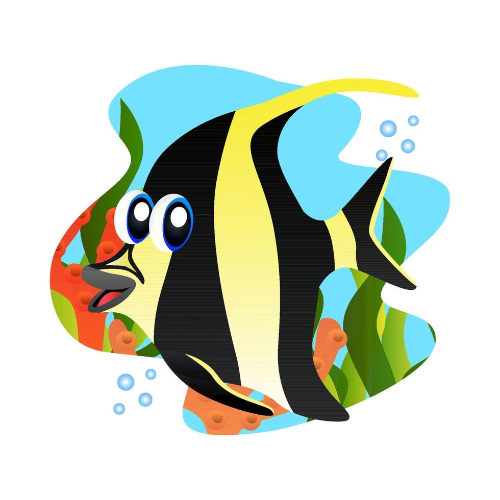 pez ángel con caras graciosas y alegres, pez amarillo brillante con rayas negras, con un fondo submarino, coral y pez, bueno para la ilustración de libros de cuentos para niños, educación, pegatinas vector