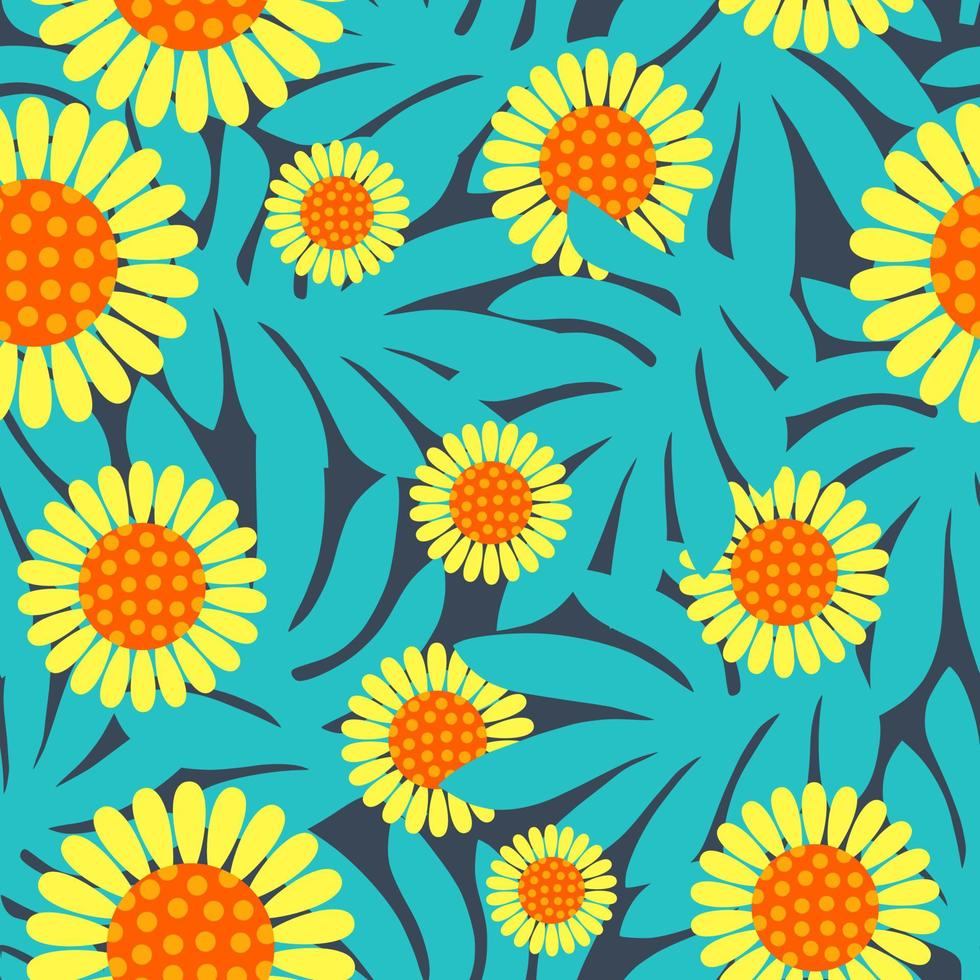 Yellow and Teal Paradise Jungle Flowers and Leaves vector