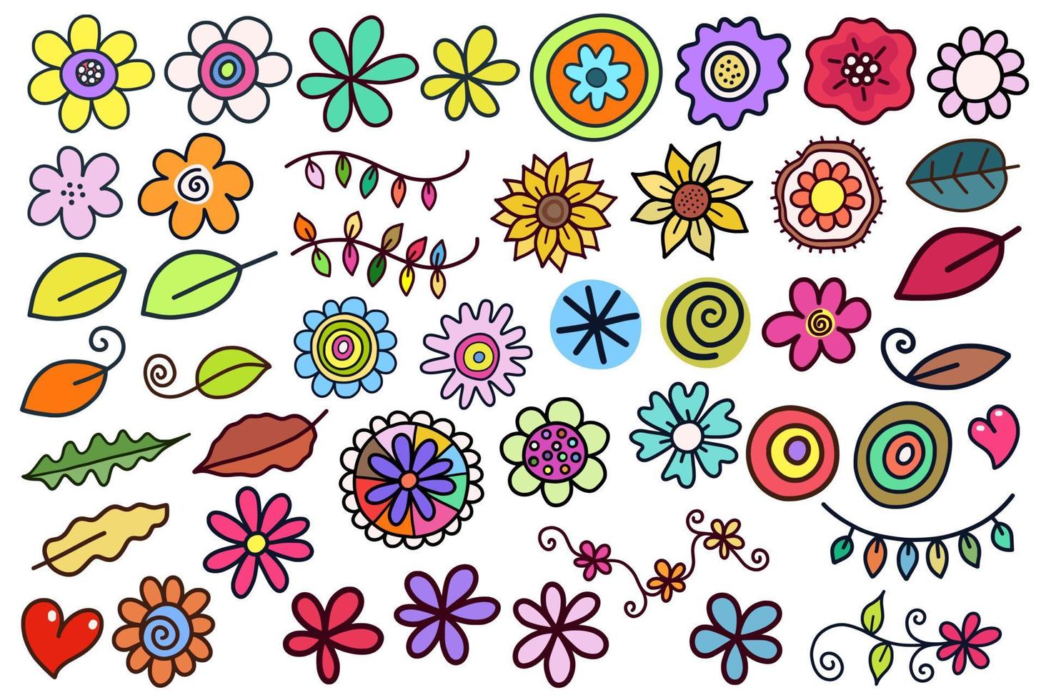 Floral Doodle Daisy Elements and Leaves vector