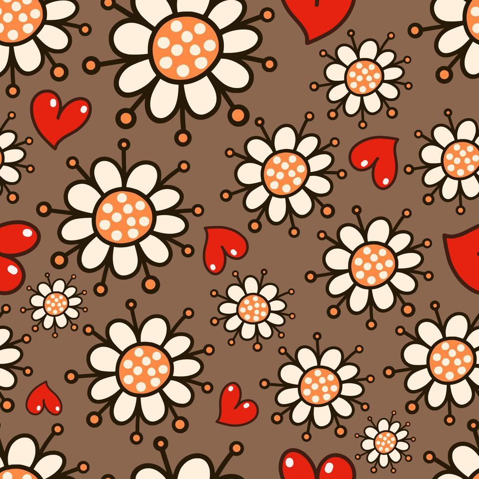 Hearts and Flowers Daisy Doodle Pattern vector