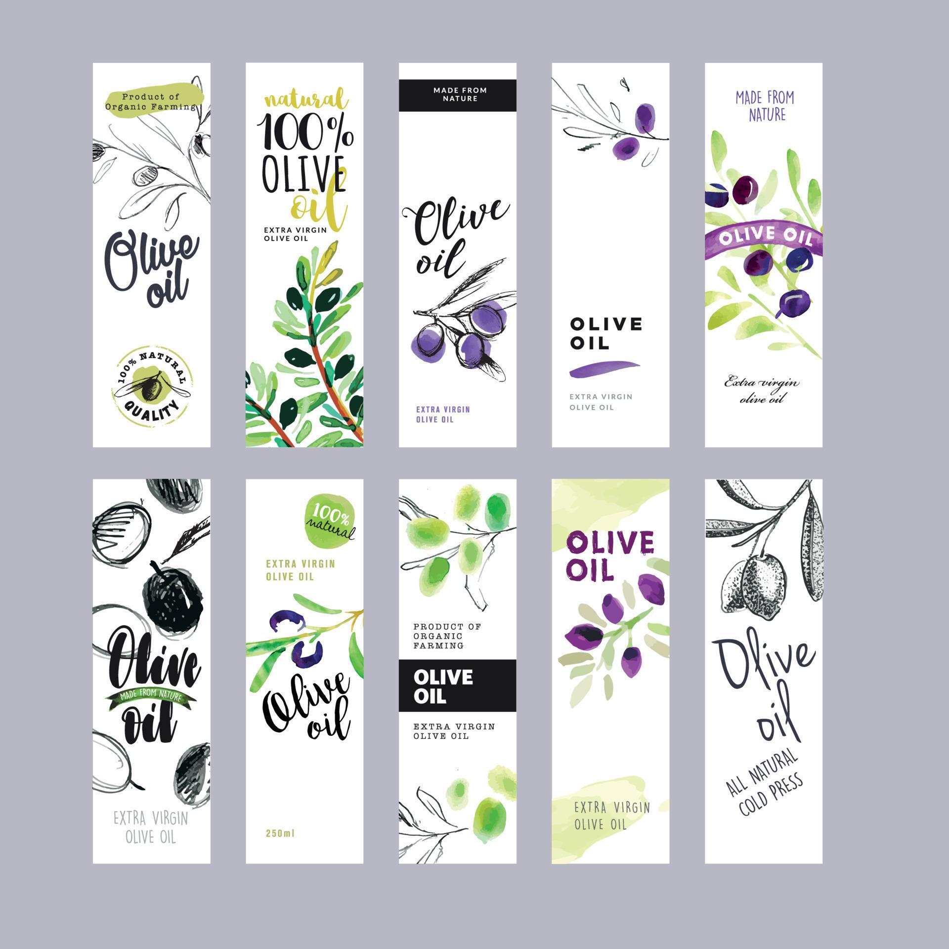 Set of olive oil labels. Ready to use hand drawn watercolor vector