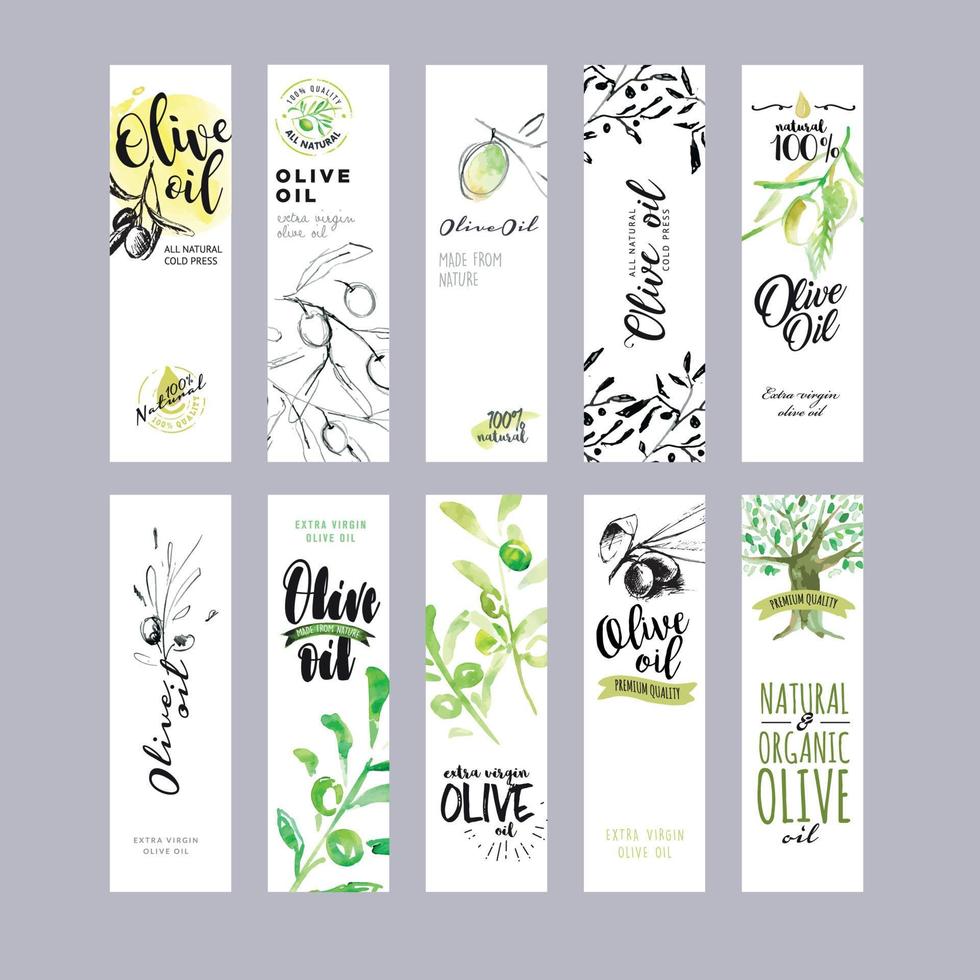 Hand drawn watercolor olive oil labels collection. Vector illustrations concepts for olive oil packaging.