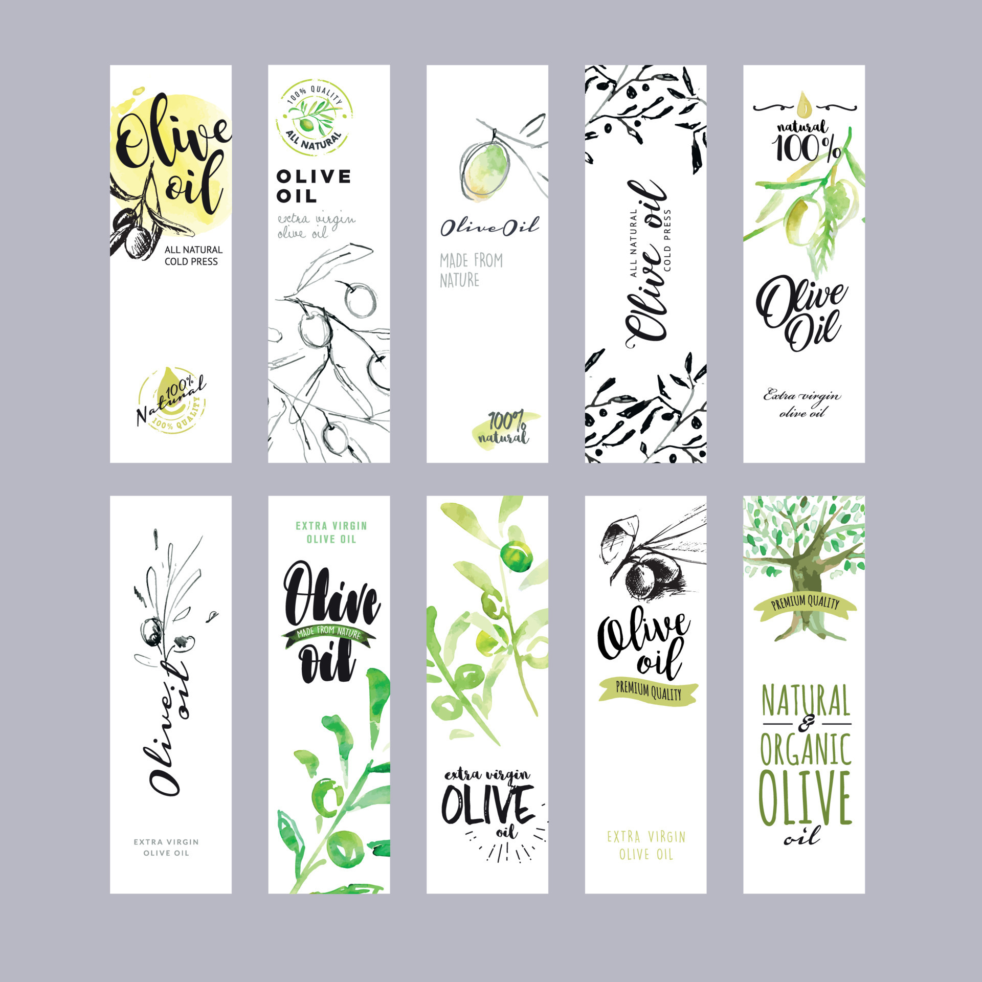 Hand drawn watercolor olive oil labels collection. Vector illustrations