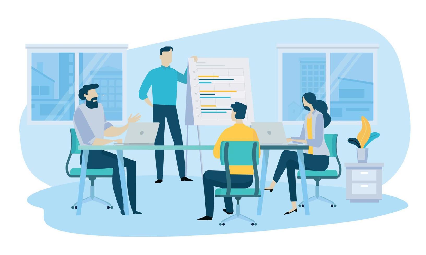 Vector illustration concept of business meeting, teamwork, training, improving professional skill.