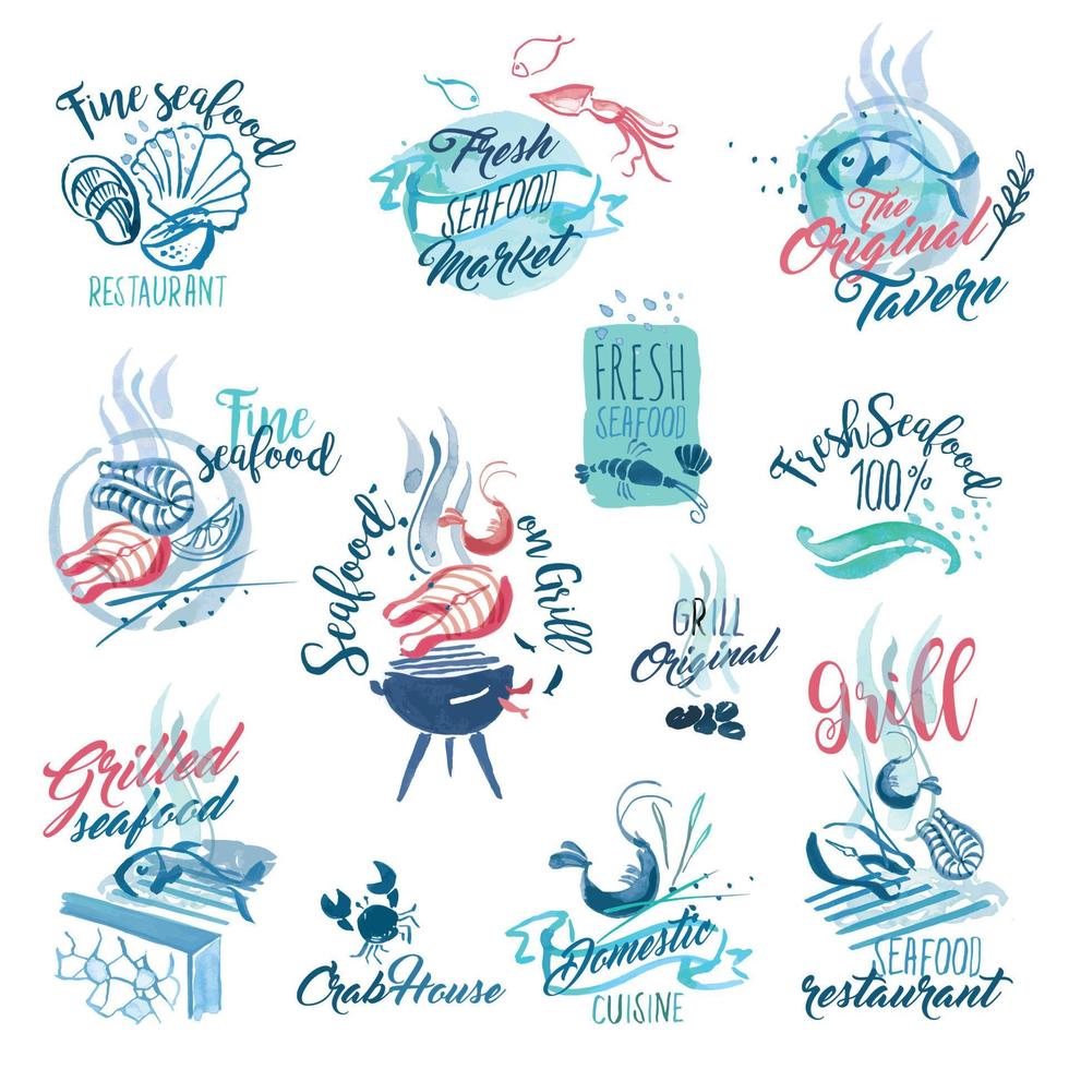 Set of hand drawn watercolor signs and stickers of seafood. Vector illustrations for menu, food and drink, restaurant and fish market.