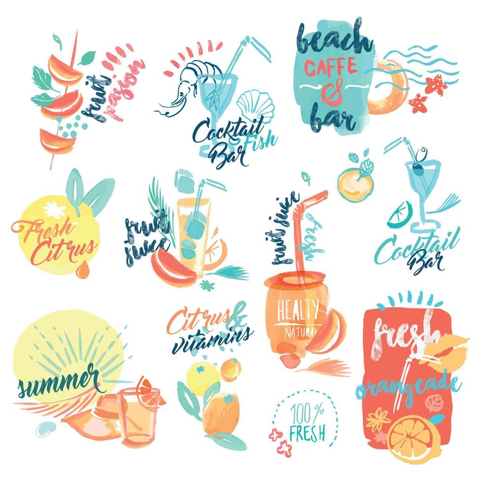 Set of hand drawn watercolor signs and labels of fresh fruit juice and drinks. Vector illustrations for menu, food and drink, restaurant and bar