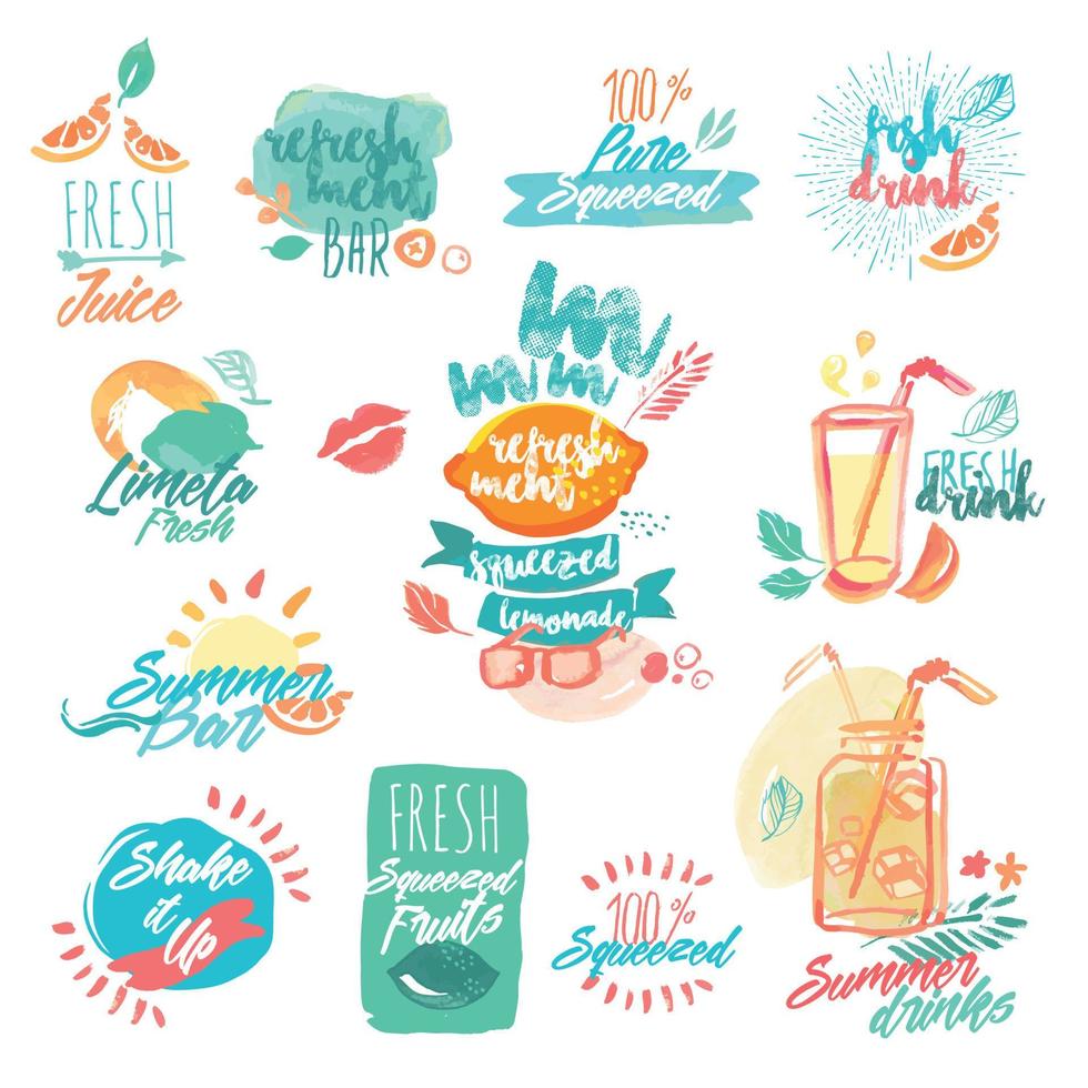 conjunto de etiquetas de acuarela dibujadas a mano y signos de jugo de fruta fresca y bebidas. ilustraciones vectoriales para menú, comida y bebida, restaurante y bar. vector