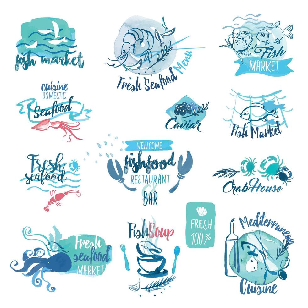 conjunto de etiquetas de acuarela dibujadas a mano y elementos de mariscos. ilustraciones vectoriales para menú, comida y bebida, restaurante y mercado de pescado. vector