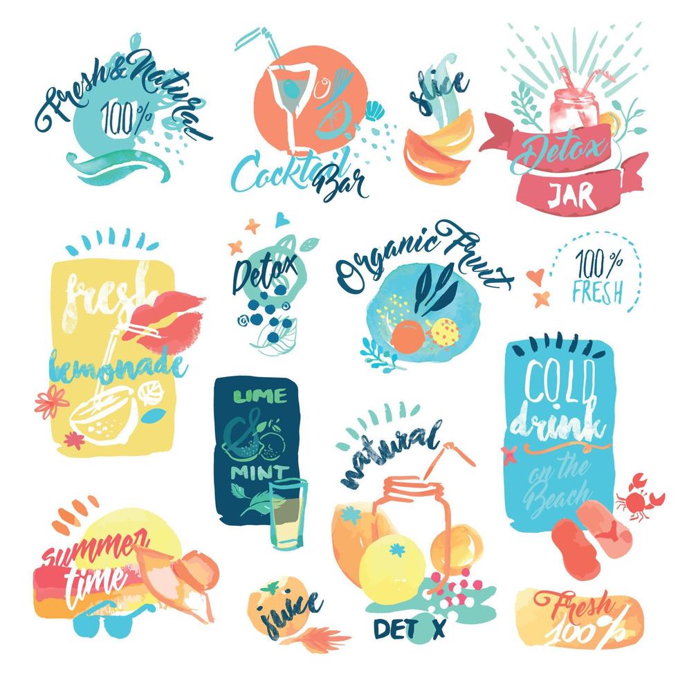 conjunto de etiquetas de acuarela dibujadas a mano y pegatinas de jugo de fruta fresca y bebidas. ilustraciones vectoriales para menú, comida y bebida, restaurante y bar. vector
