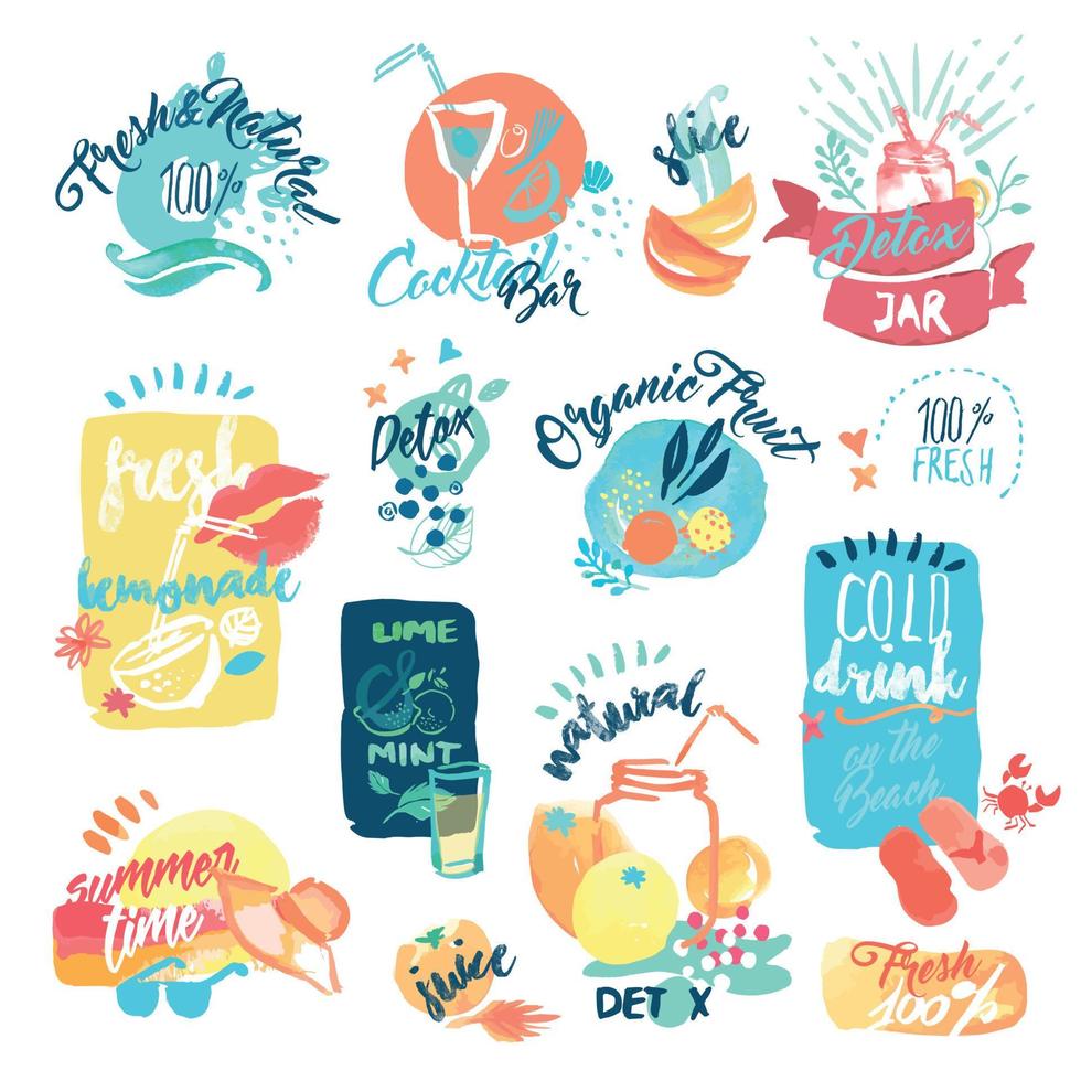 Set of hand drawn watercolor labels and stickers of fresh fruit juice and drinks. Vector illustrations for menu, food and drink, restaurant and bar.