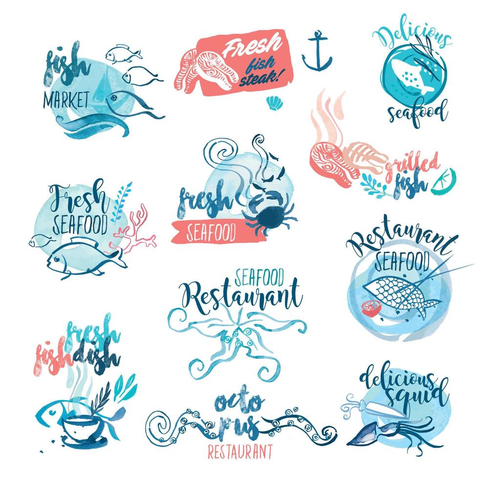 conjunto de etiquetas de acuarela dibujadas a mano y signos de mariscos. ilustraciones vectoriales para menú, comida y bebida, restaurante y mercado de pescado. vector