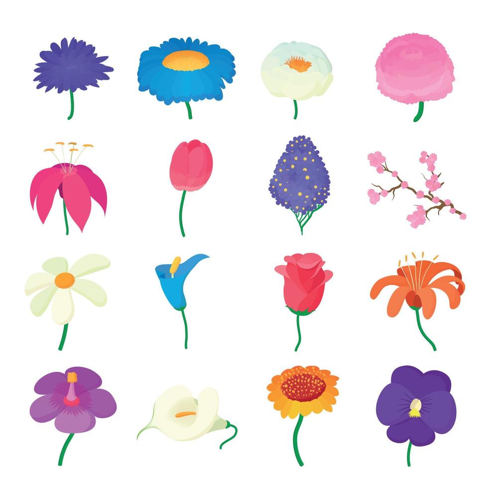 Flower icons set, cartoon style vector