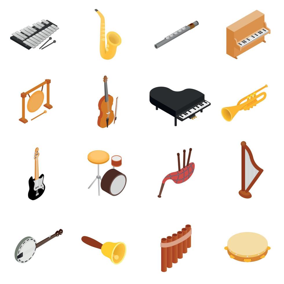 instrumentos musicales, conjunto, iconos, isométrico, 3d, estilo vector