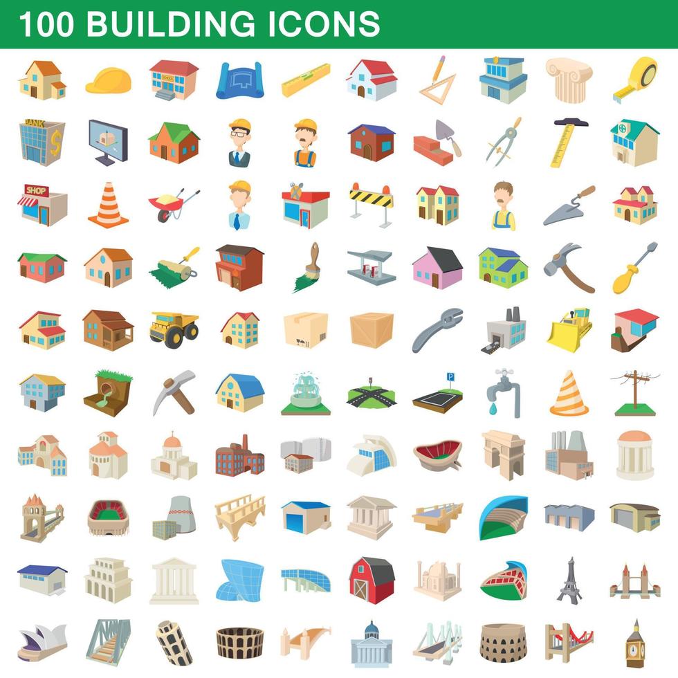 100 building icons set, cartoon style vector