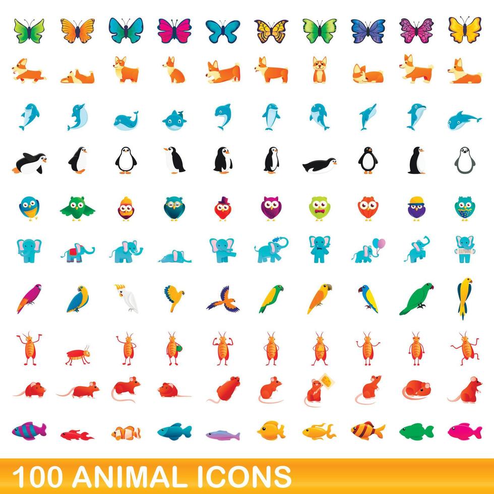 100 animal icons set, cartoon style vector