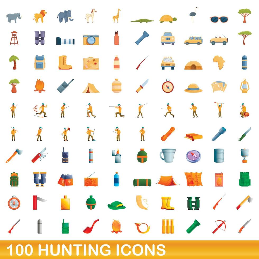 100 iconos de caza, estilo de dibujos animados vector