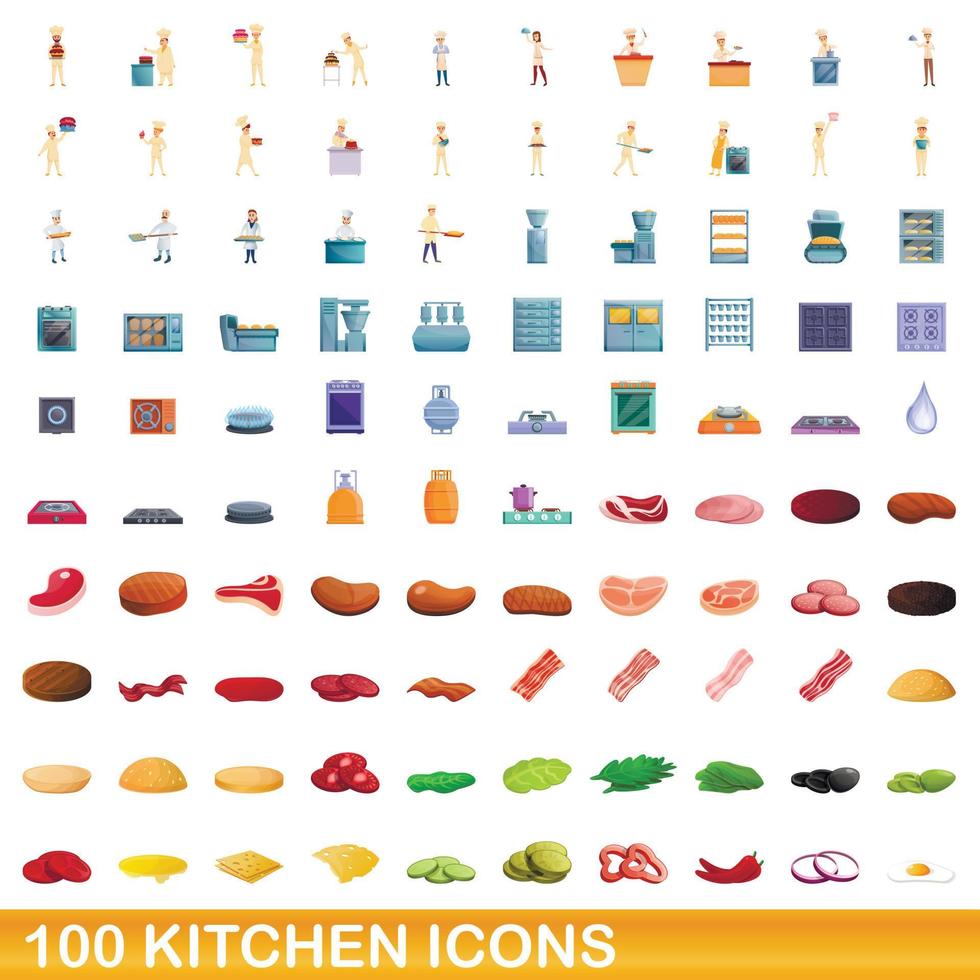 100 kitchen icons set, cartoon style vector