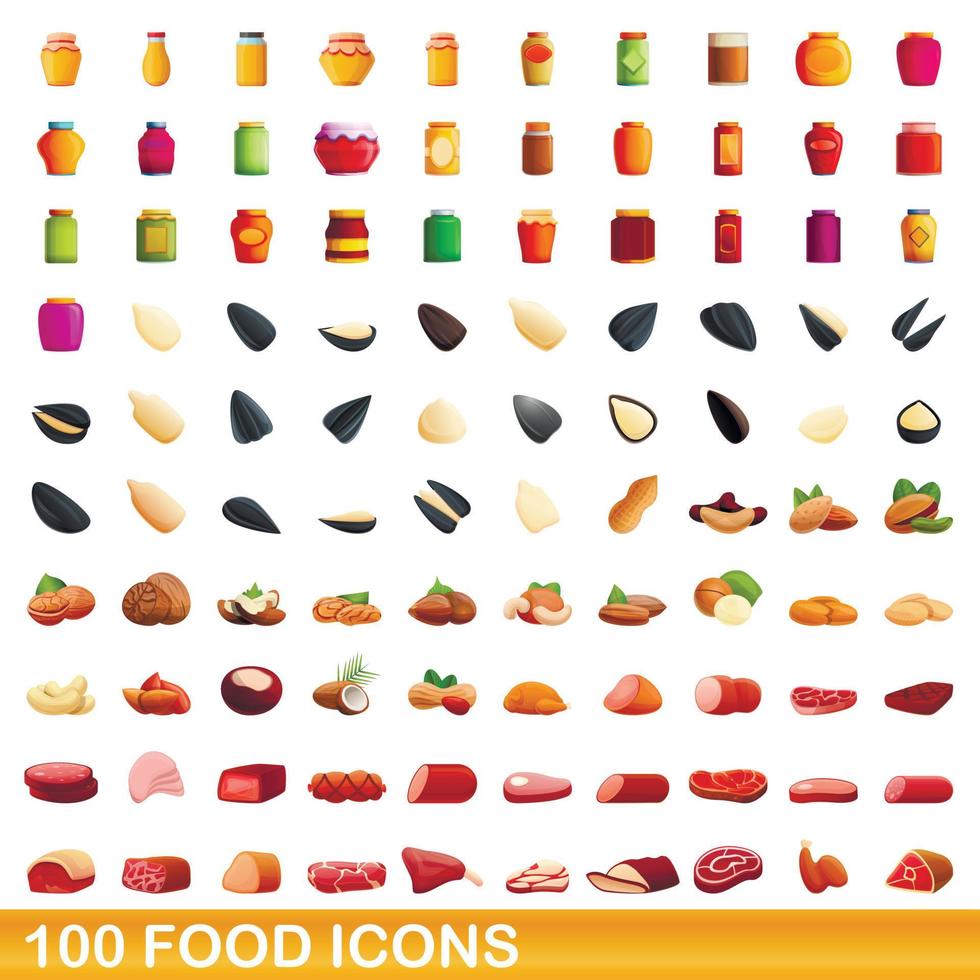 100 iconos de alimentos, estilo de dibujos animados vector