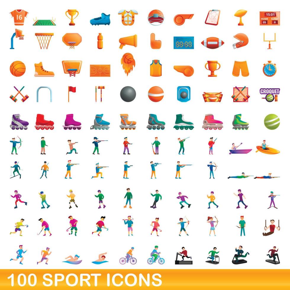 100 iconos deportivos, estilo de dibujos animados vector