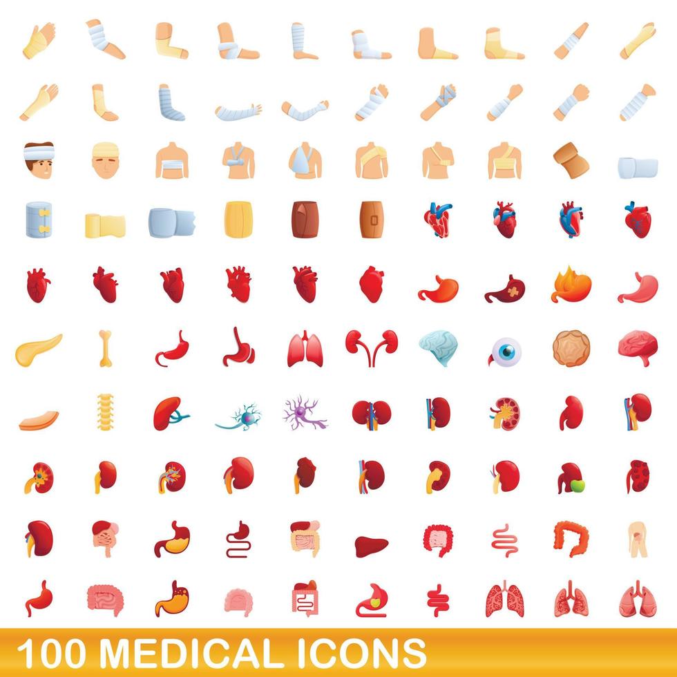 100 medical icons set, cartoon style vector