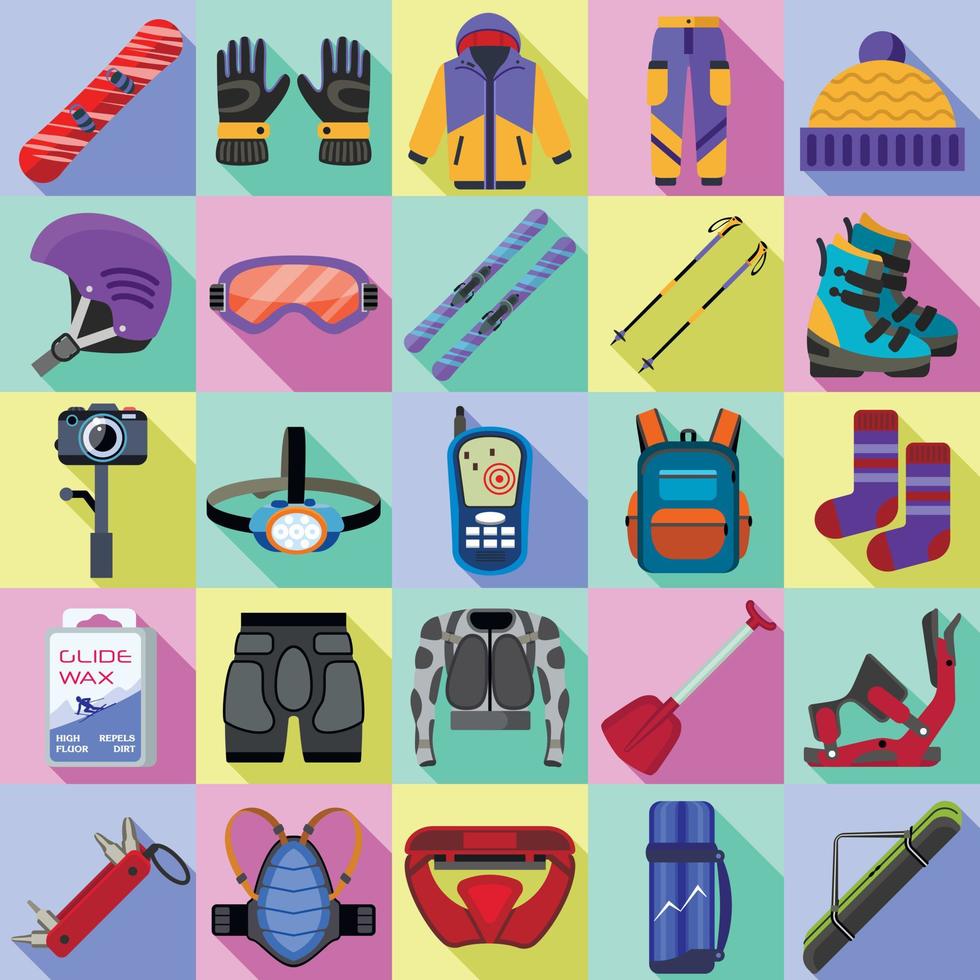 conjunto de iconos de equipo de snowboard, estilo plano vector