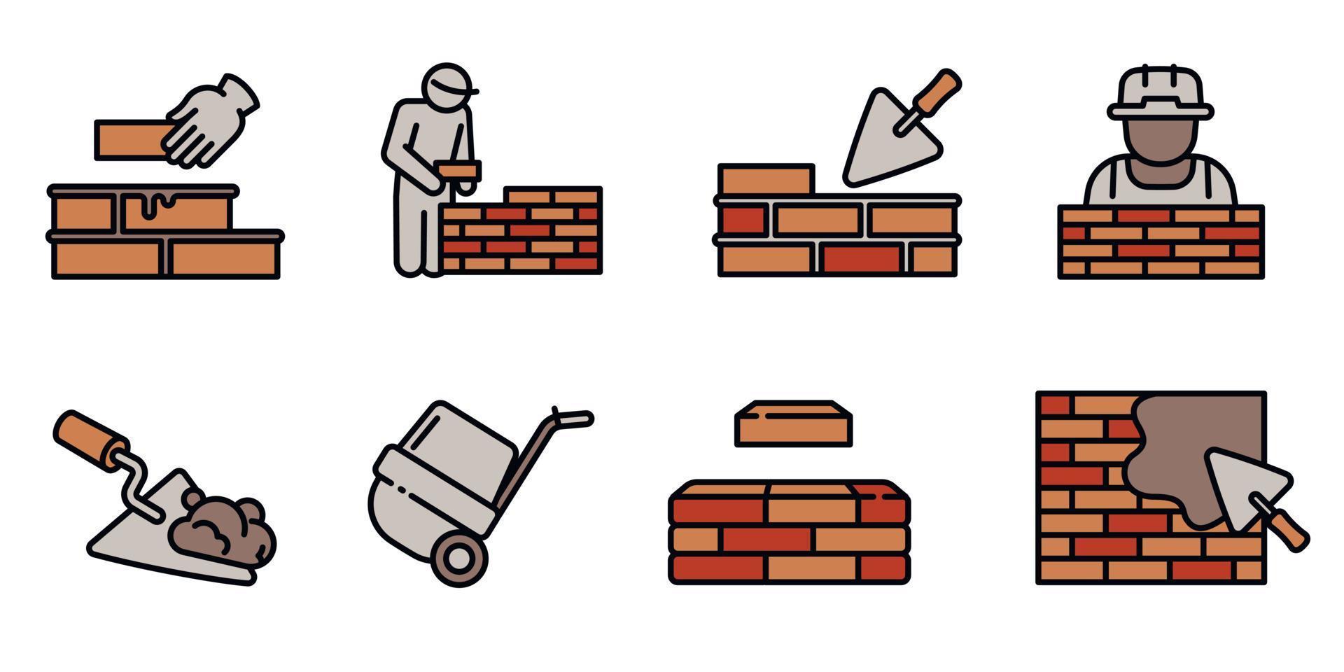 Masonry worker icons set, outline style vector