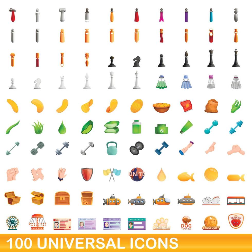 100 universal icons set, cartoon style vector