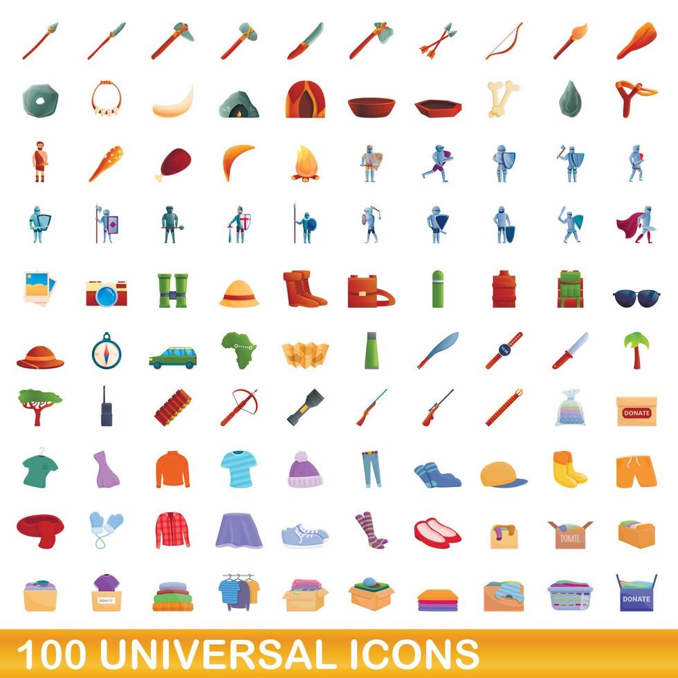 100 iconos universales, estilo de dibujos animados vector