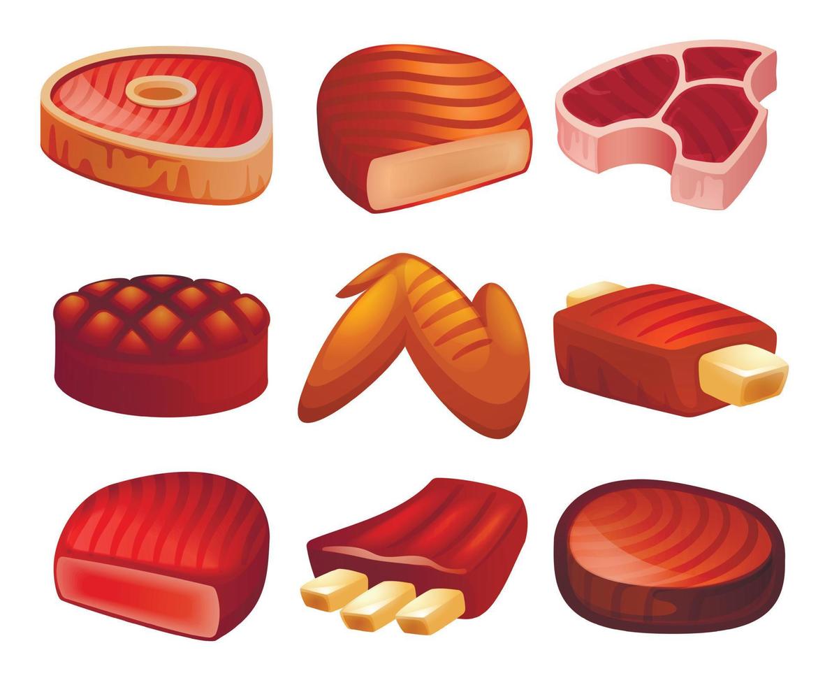 Steak icons set, cartoon style vector