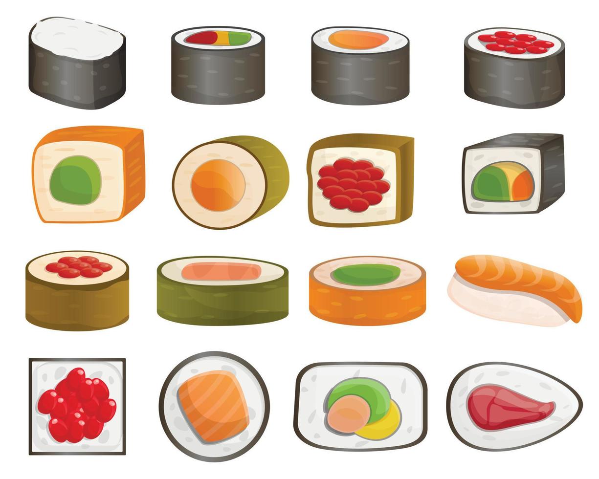 Sushi roll icon set, cartoon style vector