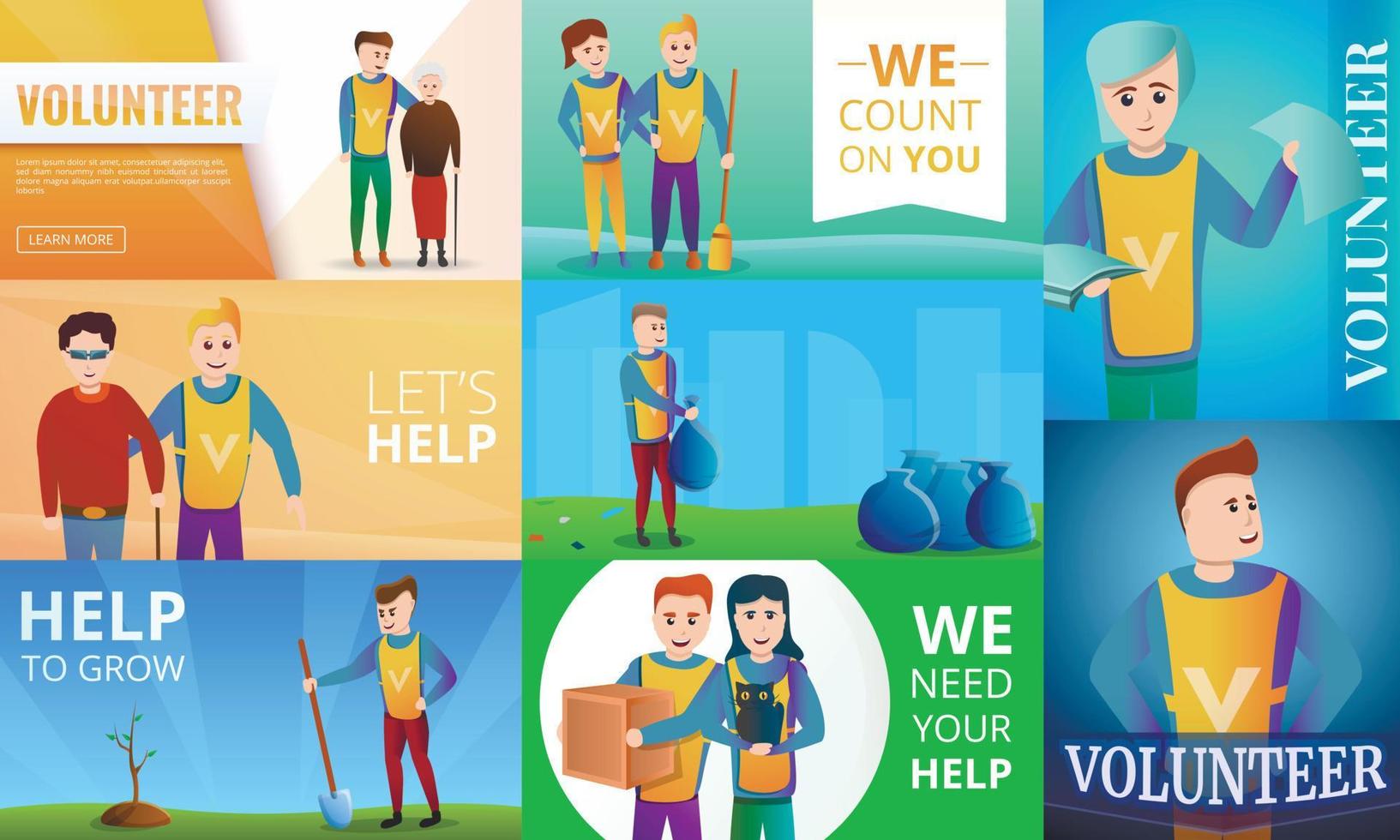 Modern volunteering banner set, cartoon style vector
