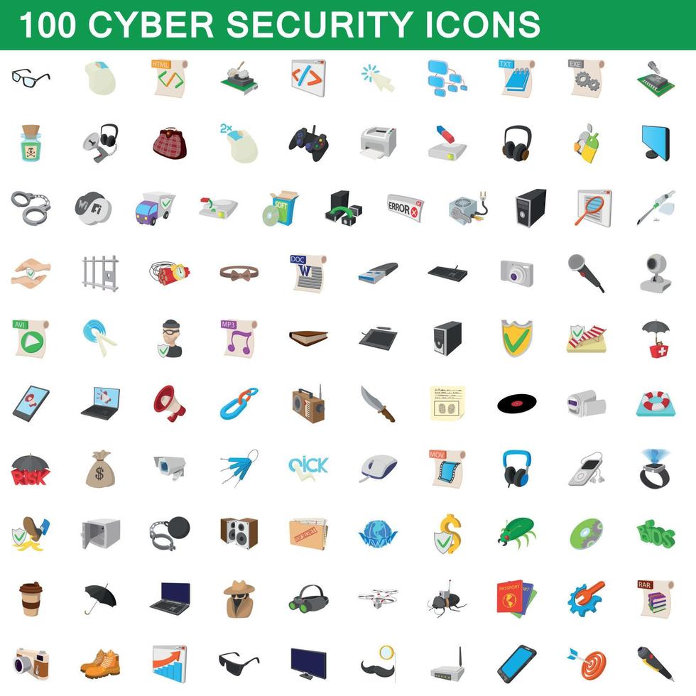 100 iconos de seguridad cibernética, estilo de dibujos animados vector