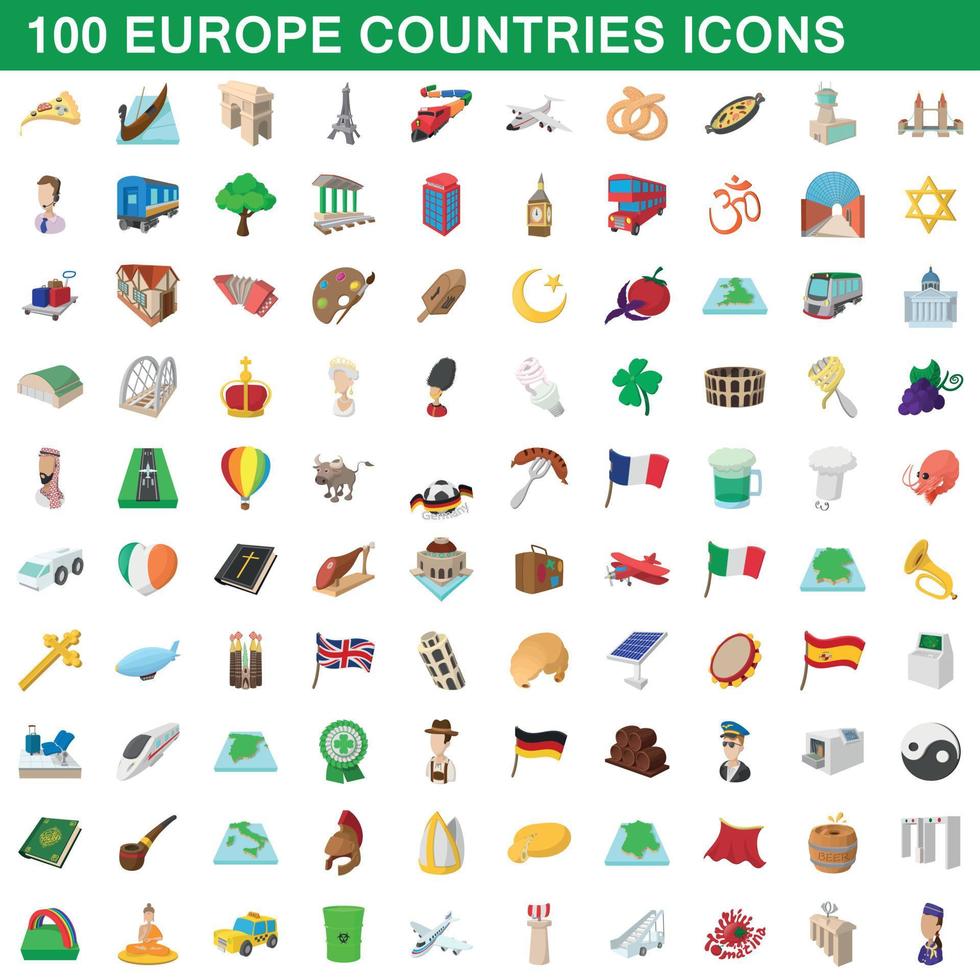 100 europe countries icons set, cartoon style vector
