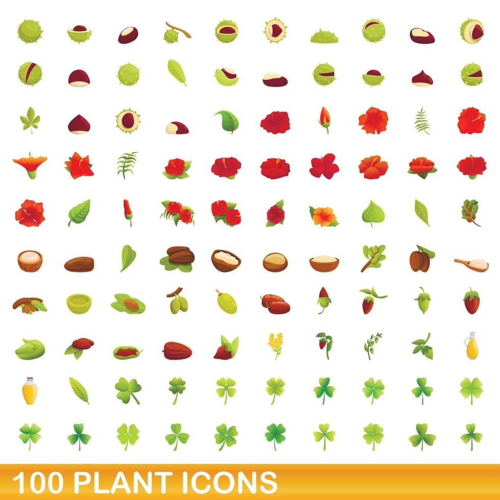 100 iconos de plantas, estilo de dibujos animados vector