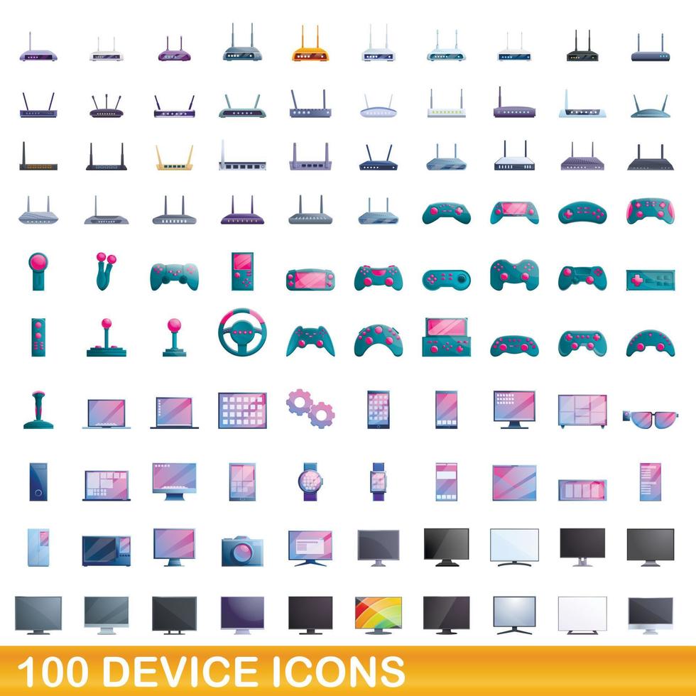 100 iconos de dispositivo, estilo de dibujos animados vector