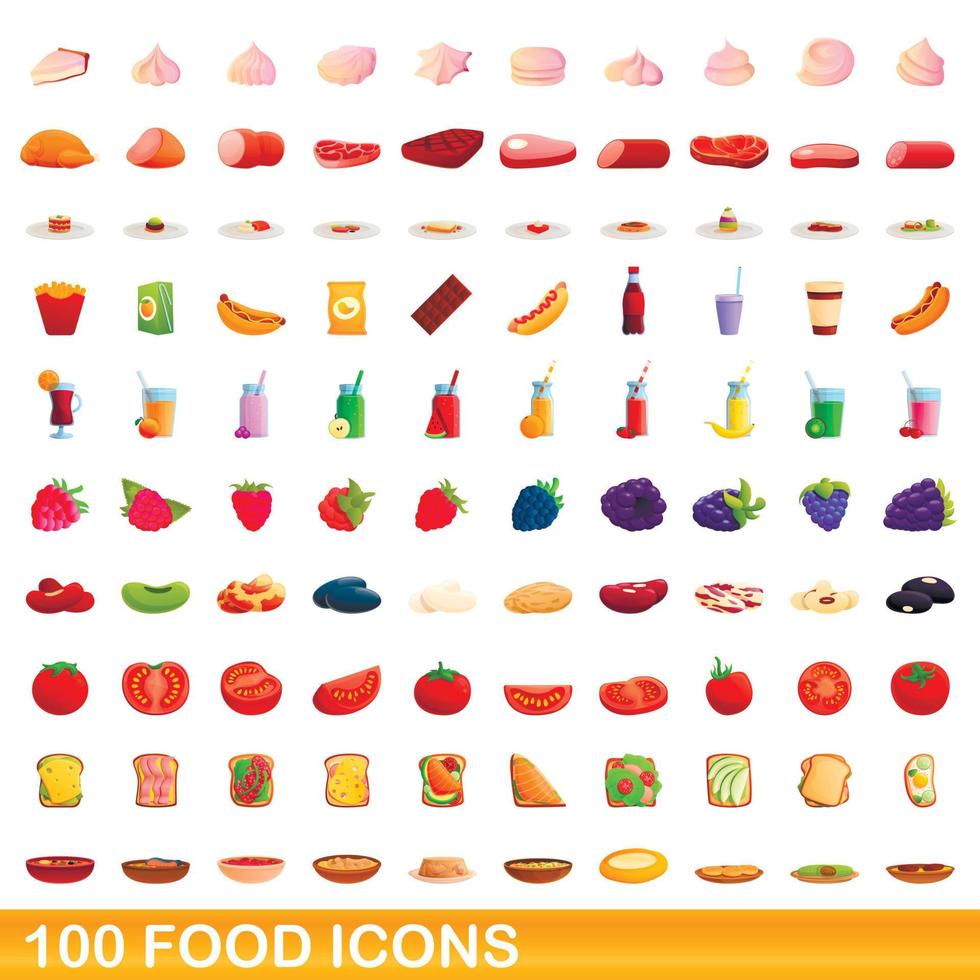 100 food icons set, cartoon style vector