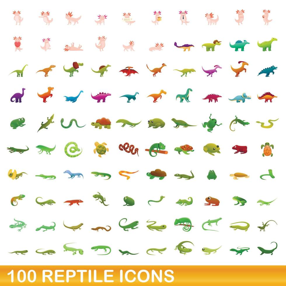 100 reptile icons set, cartoon style vector