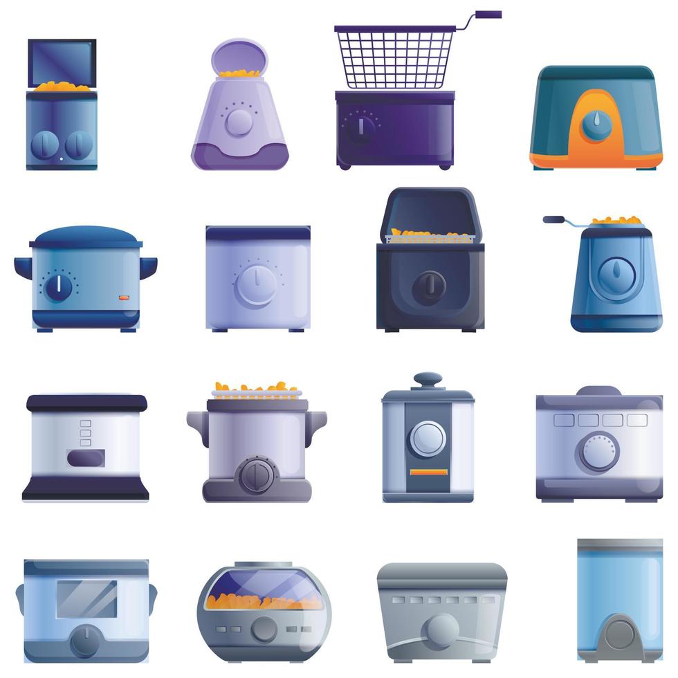 Deep fryer icons set, cartoon style vector