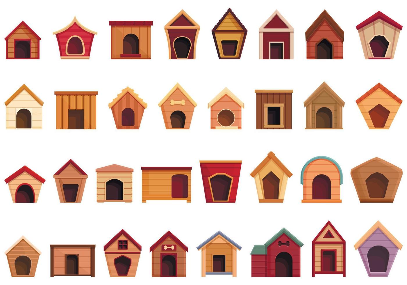 Dog kennel icons set, cartoon style vector