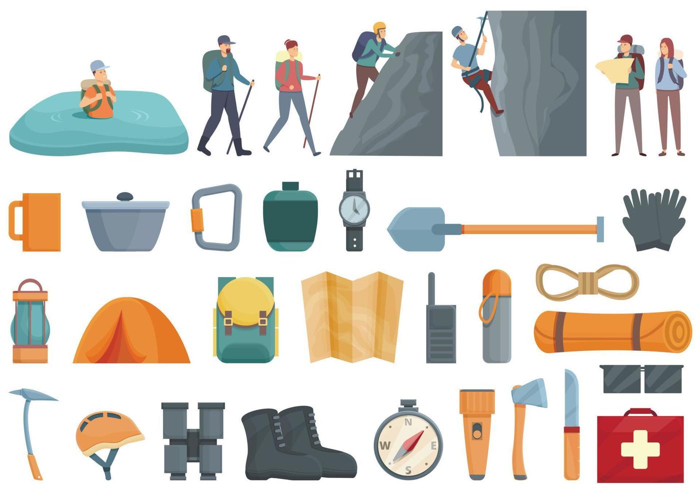 Extreme tourism icons set cartoon vector. Climbing mountain vector