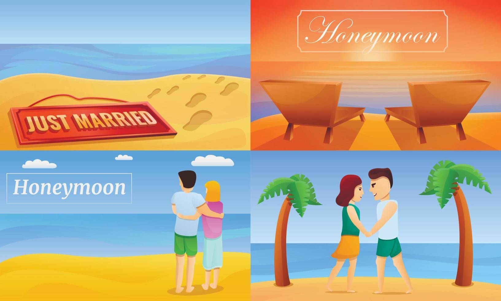 Honeymoon banner set, cartoon style vector