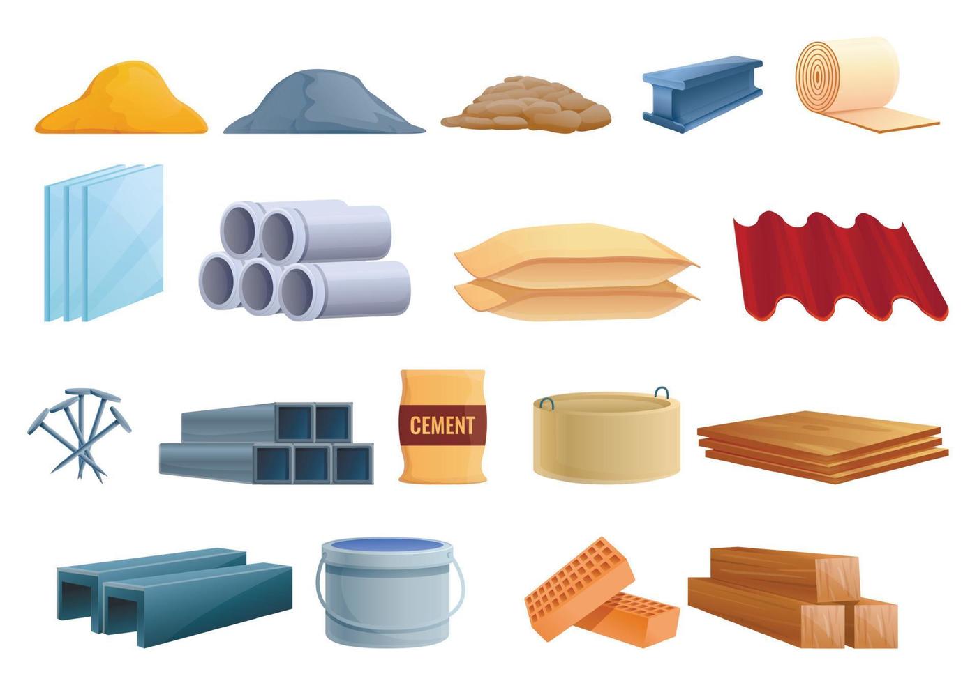 Construction materials icons set, cartoon style vector