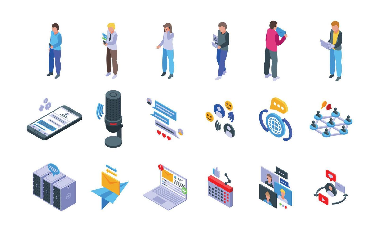 Messaging network icons set, isometric style vector