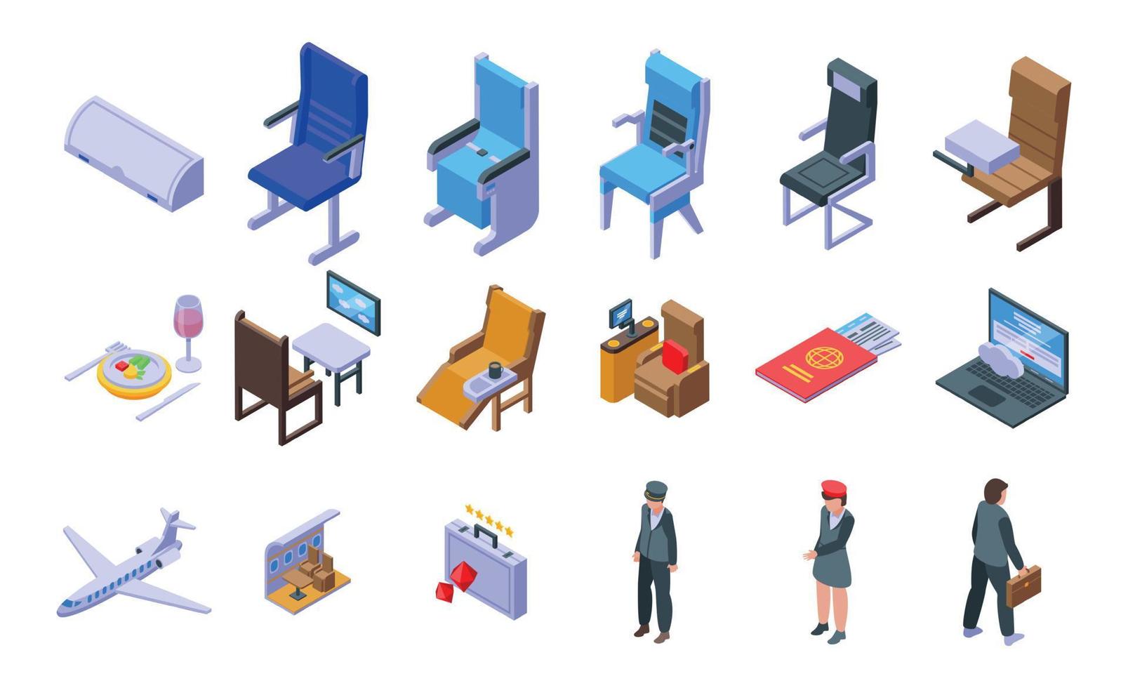 First class travel icons set, isometric style vector