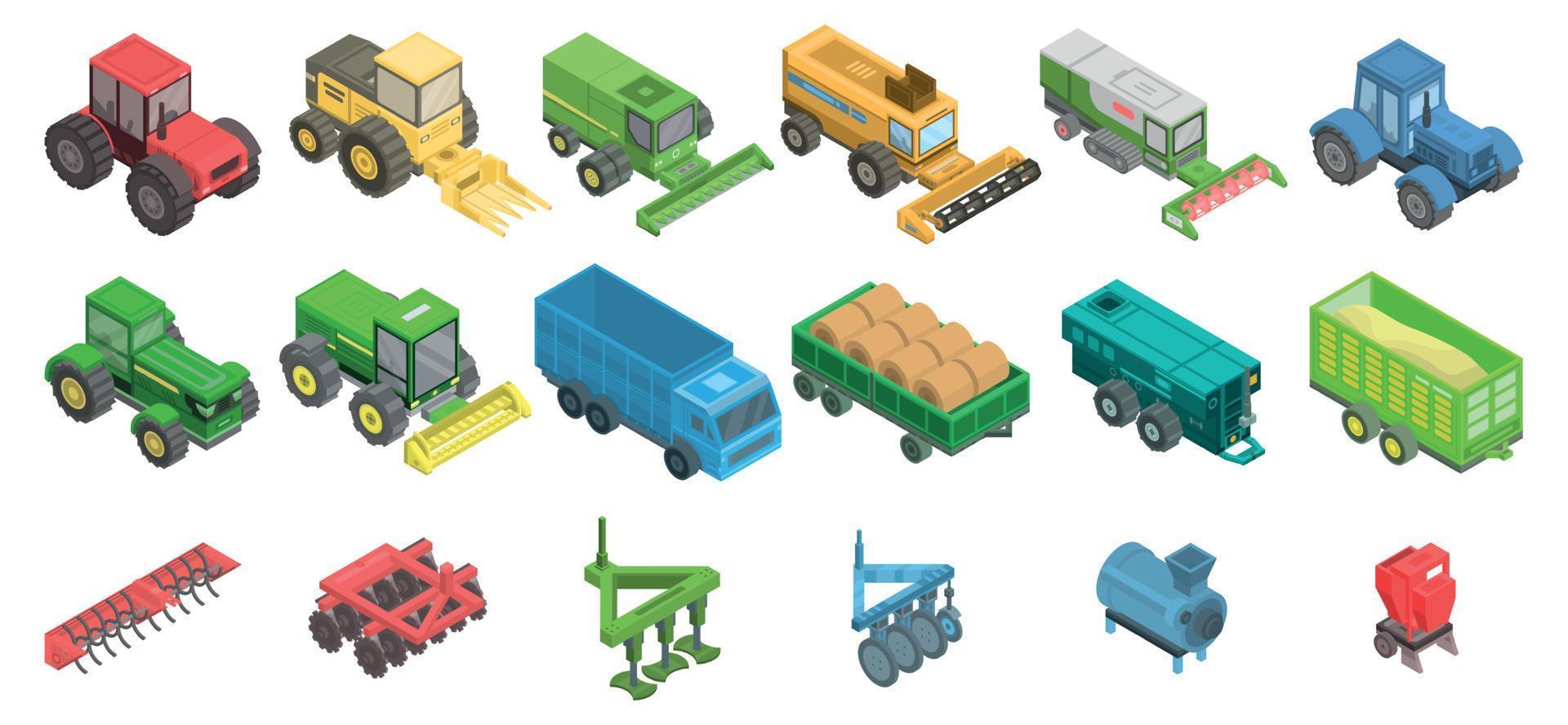 Agricultural machines icons set, isometric style vector